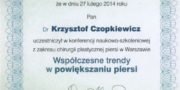 Certyficate - Krzysztof Czopkiewicz - Plastic surgeon